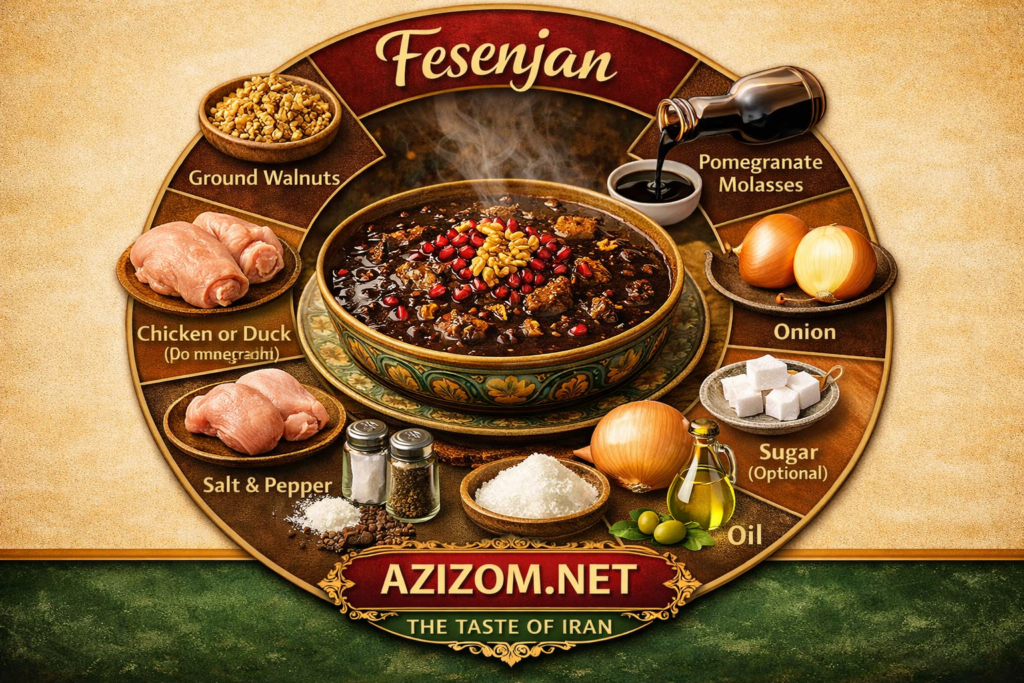Authentic Persian Fesenjan stew with chicken, walnuts, and pomegranate molasses served with saffron rice.