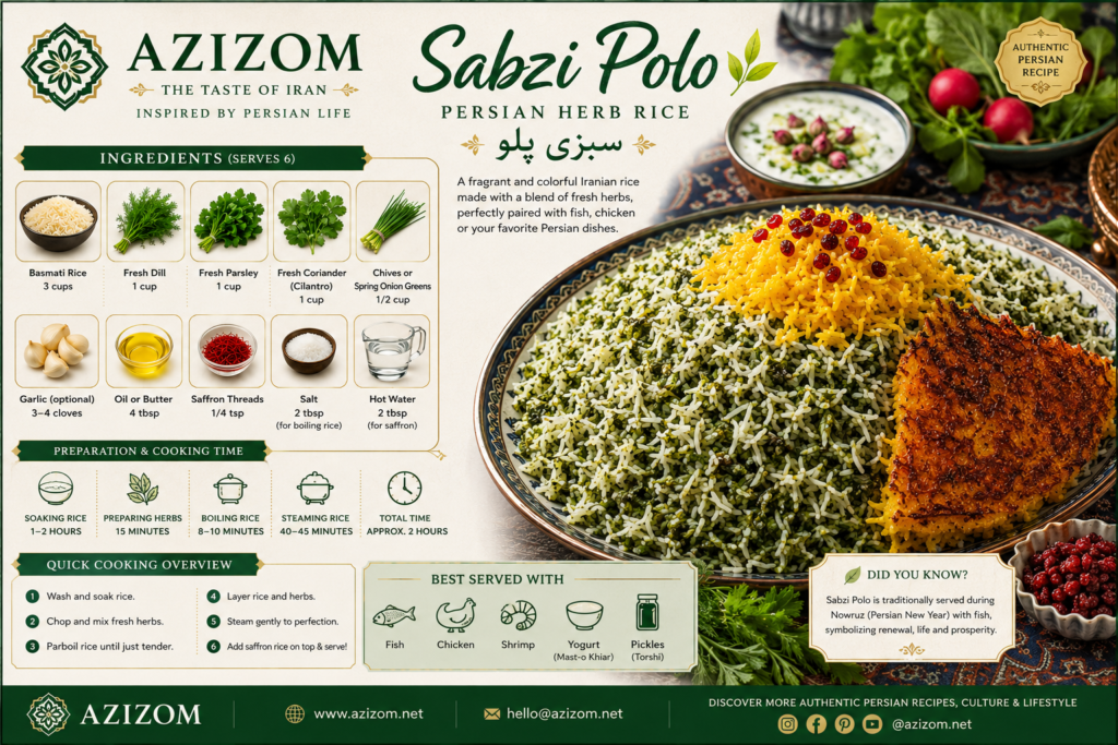Discover how to make authentic Sabzi Polo, one of Iran's most beloved rice dishes. This traditional Persian herb rice combines fragrant basmati rice, fresh herbs, saffron, and crispy tahdig to create a delicious meal that's perfect for Nowruz or any family dinner.