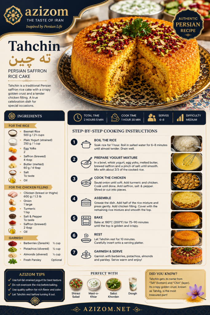 Tahchin (ته چین) is one of the most elegant and visually stunning dishes in Persian cuisine. Often called the "Persian Saffron Rice Cake," it is made by layering fragrant basmati rice with a rich mixture of yogurt, egg yolks, and saffron before baking it into a beautiful golden crust. 