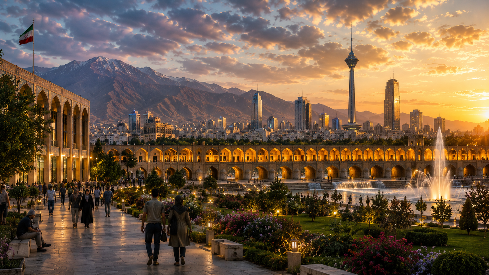 Modern Iran combining contemporary cities, historic architecture, public gardens and mountain landscapes