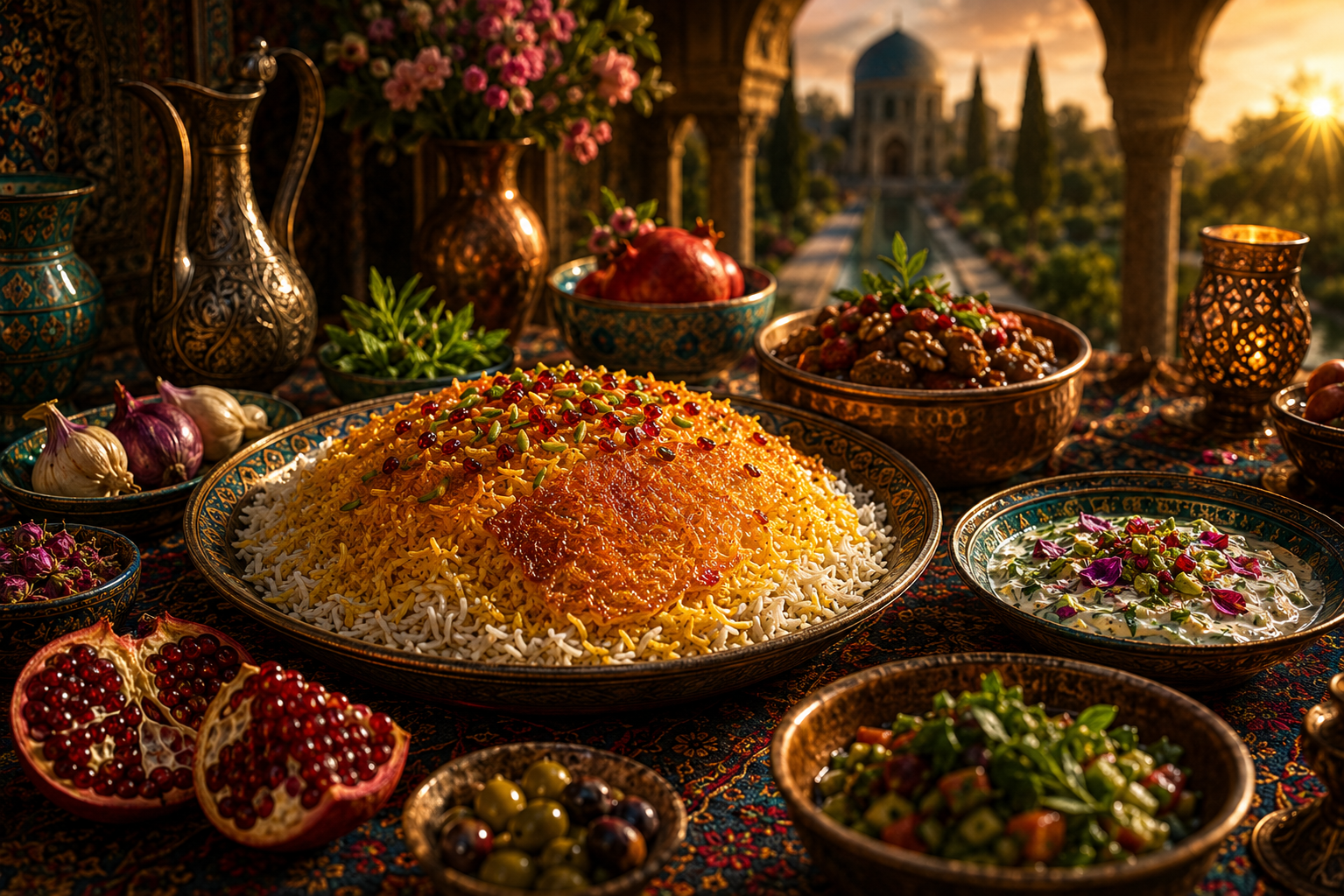 Traditional Persian food, saffron rice, herbs, pomegranate and hospitality