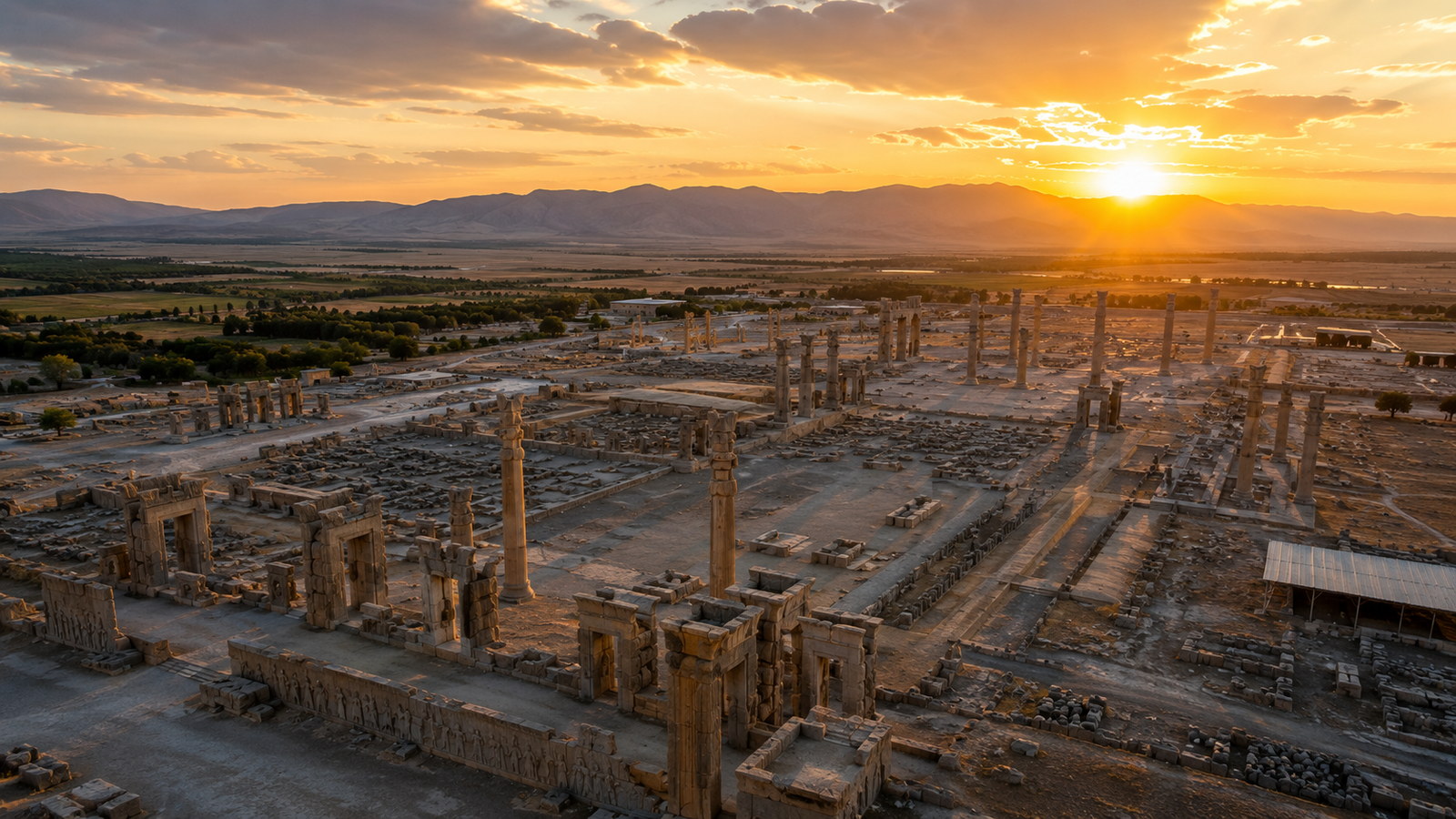 Persepolis illuminated by a dramatic Persian sunset
