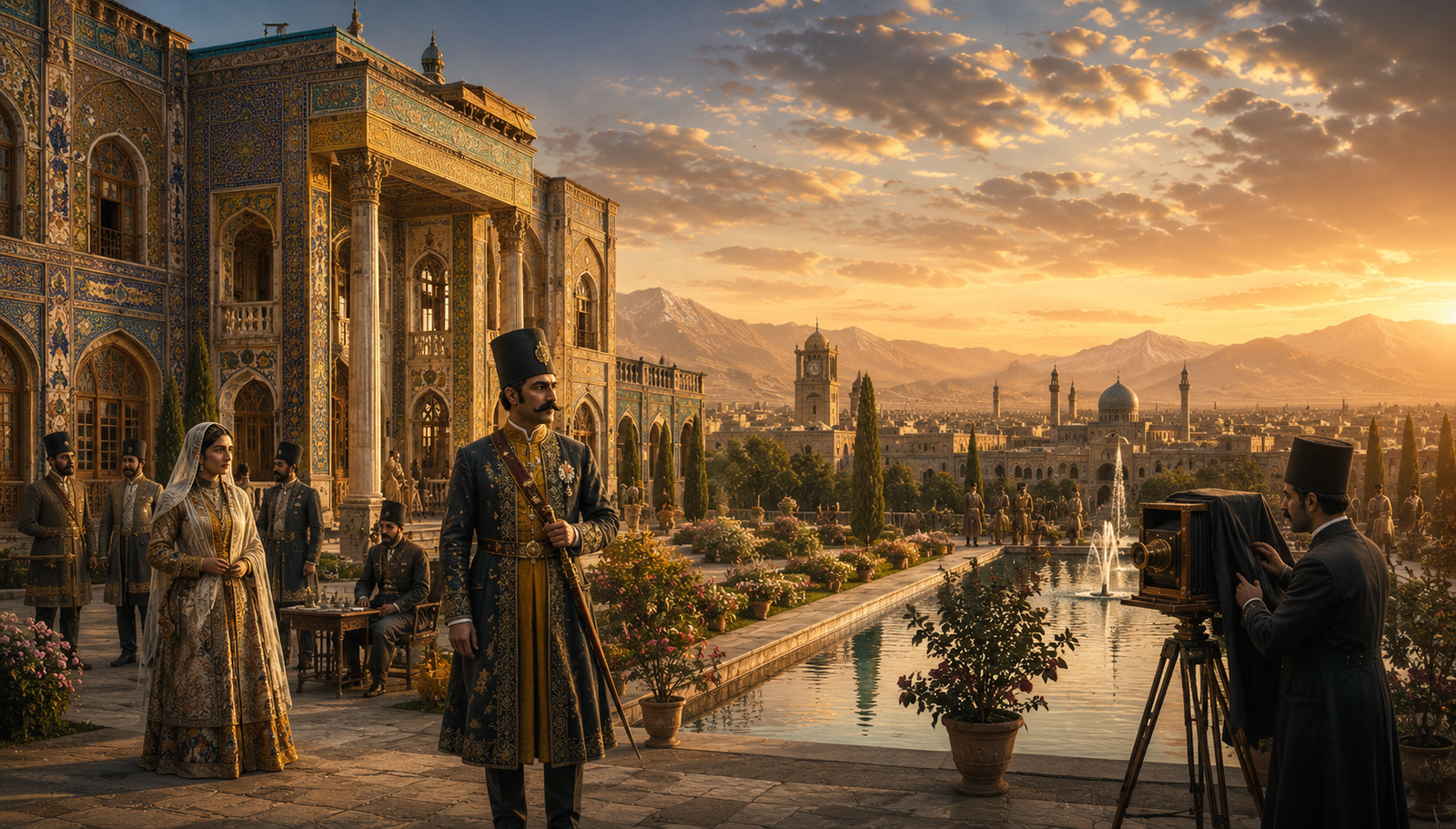 Qajar-era Persian palace, court culture, formal gardens and early photography