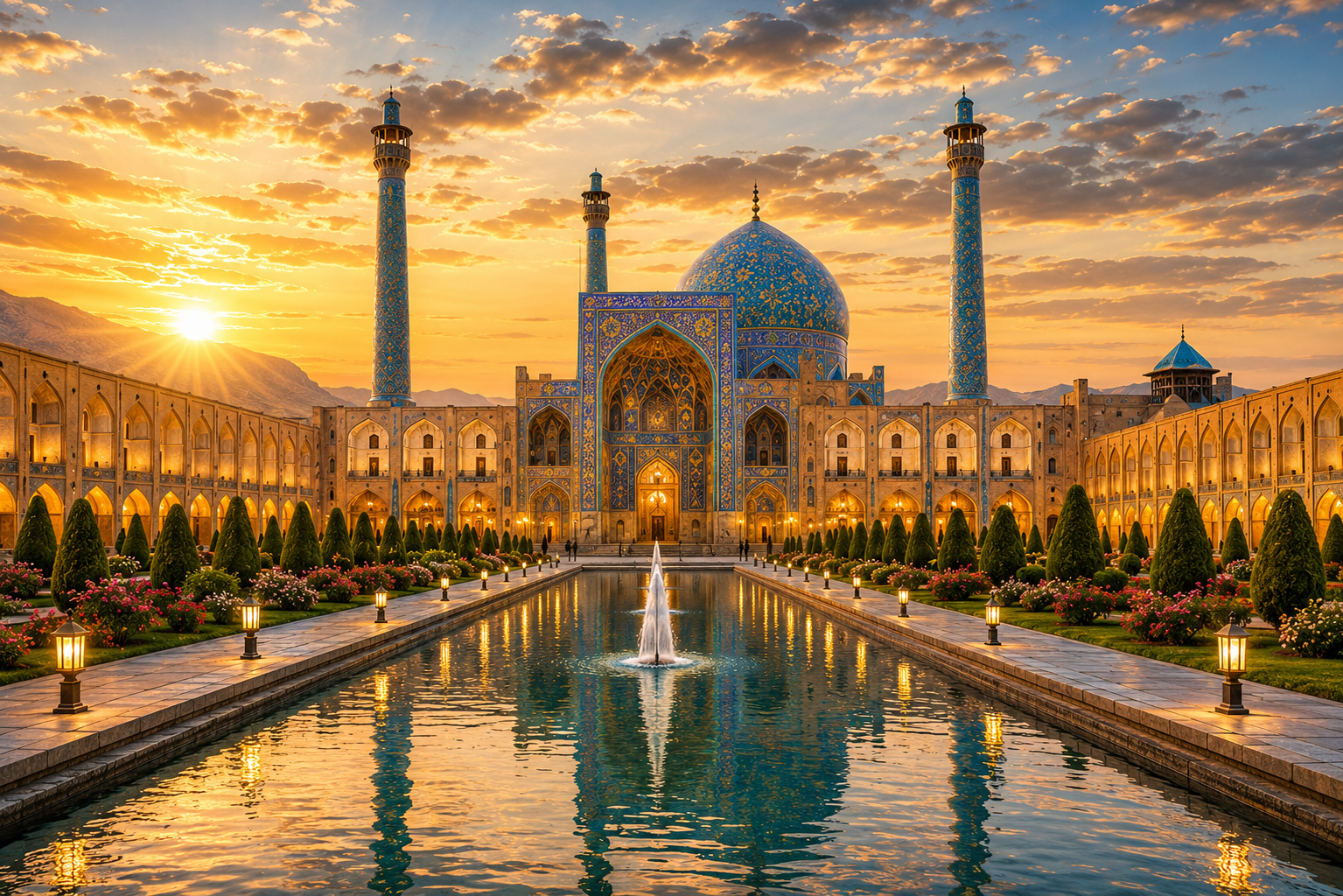 Safavid Persian mosque, tilework, gardens and architecture