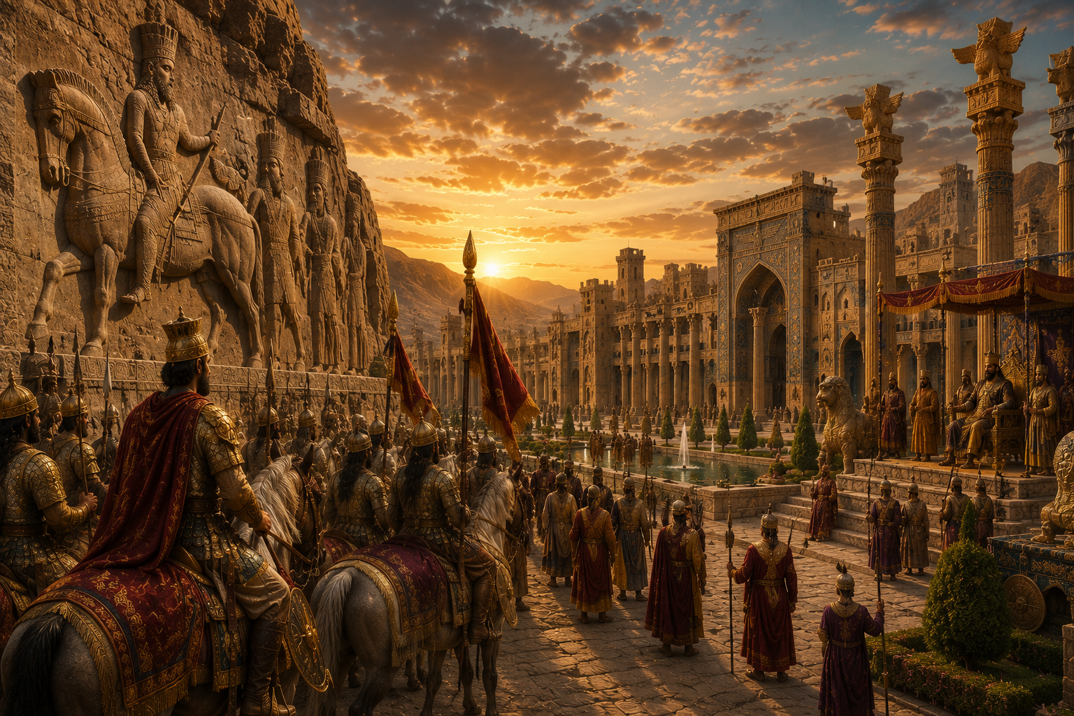 Sassanian Persian court, cavalry, rock reliefs and monumental architecture