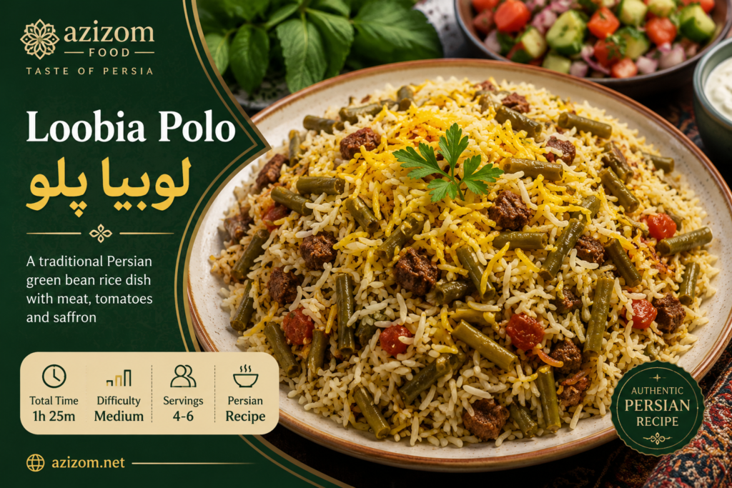 Authentic Loobia Polo (لوبیا پلو), a traditional Persian green bean rice dish made with basmati rice, seasoned beef, tomatoes, saffron, and fresh green beans.
