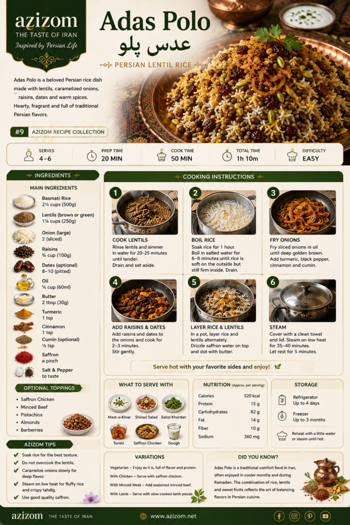 Authentic Adas Polo (عدس پلو), traditional Persian lentil rice served with caramelized onions, raisins, saffron, and pistachios.