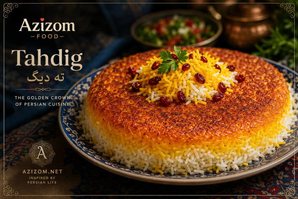 Tahdig (ته دیگ) is a traditional Persian crispy rice dish made by steaming parboiled basmati rice over low heat with oil, butter, or saffron until a golden crust forms at the bottom of the pot. It is one of the most cherished elements of Iranian cuisine and is often served alongside stews, kebabs, and grilled dishes.