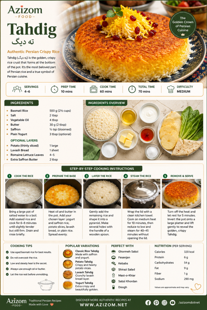 Authentic Tahdig (ته دیگ), traditional Persian crispy saffron rice with a golden crunchy crust served on a decorative Persian plate.